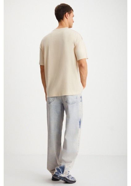 Bastıan Erkek Sırt Baskı Detaylı Oversize %100 Organik Pamuk Örme Kısa Kol Bej T-shirt
