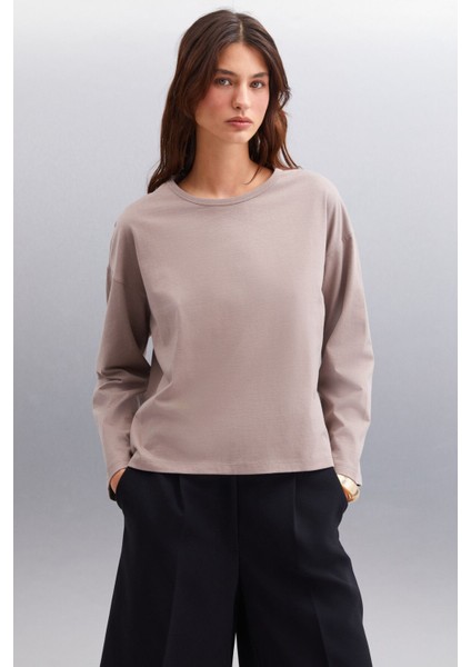 Basıl Erkek Sırt Baskı Detaylı Oversize %100 Organik Pamuk Örme Kısa Kol Vizon T-shirt
