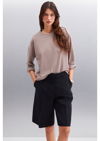Basıl Erkek Sırt Baskı Detaylı Oversize %100 Organik Pamuk Örme Kısa Kol Vizon T-shirt
