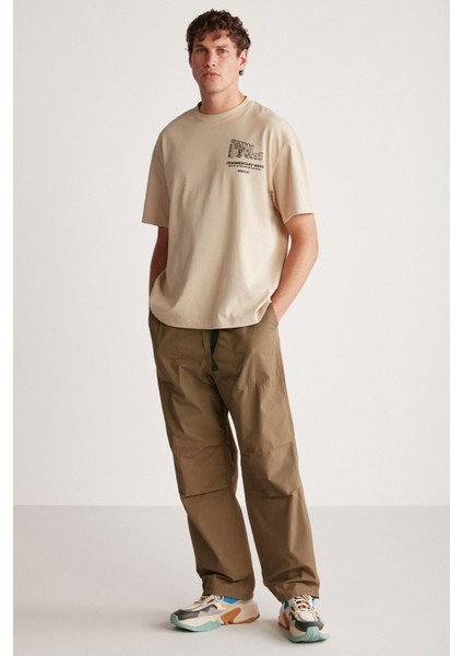 Beal Erkek Sırt Baskı Detaylı Oversize Fit Bol Kesim %100 Organik Pamuk Örme Kısa Kol Bej T-shirt