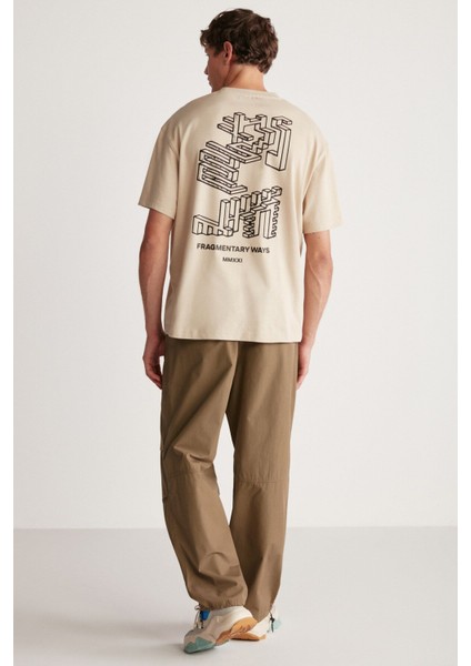 Beal Erkek Sırt Baskı Detaylı Oversize Fit Bol Kesim %100 Organik Pamuk Örme Kısa Kol Bej T-shirt