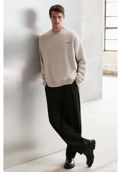 Bryan Erkek Yumuşacık Kumaşlı 3 Iplik Oversize Bol Kesim Yuvarlak Yakalı Baskılı Gri Sweatshirt modelleri