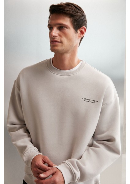 Bryan Erkek Yumuşacık Kumaşlı 3 Iplik Oversize Bol Kesim Yuvarlak Yakalı Baskılı Gri Sweatshirt indirimleri