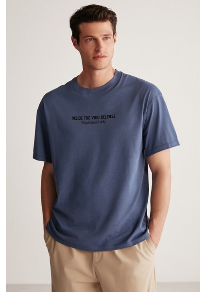 Bastıan Erkek Oversize Fit %100 Pamuk Kalın Dokulu Baskılı Lacivert T-shirt
