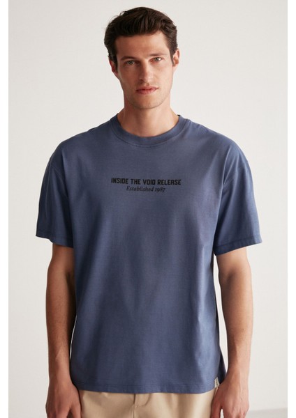 Bastıan Erkek Oversize Fit %100 Pamuk Kalın Dokulu Baskılı Lacivert T-shirt