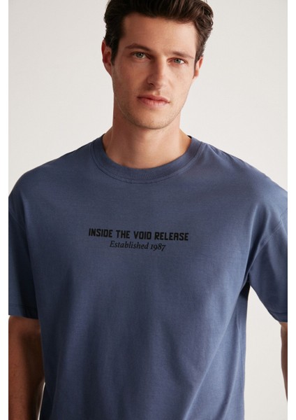 Bastıan Erkek Oversize Fit %100 Pamuk Kalın Dokulu Baskılı Lacivert T-shirt