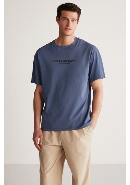 Bastıan Erkek Oversize Fit %100 Pamuk Kalın Dokulu Baskılı Lacivert T-shirt