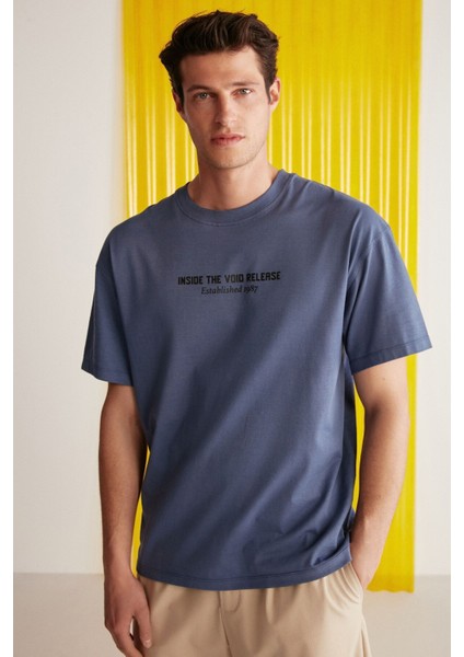 Bastıan Erkek Oversize Fit %100 Pamuk Kalın Dokulu Baskılı Lacivert T-shirt