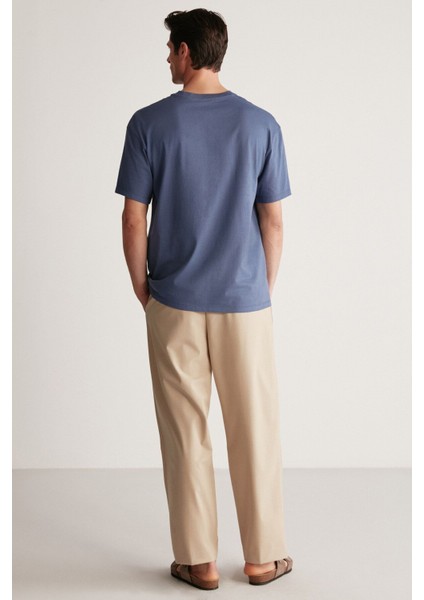 Bastıan Erkek Oversize Fit %100 Pamuk Kalın Dokulu Baskılı Lacivert T-shirt
