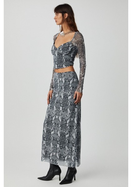 BEULAH Kadın Maxi Boy Slim Fit Beli Lastikli Tül Batik Desenli Yılan Desenli Etek