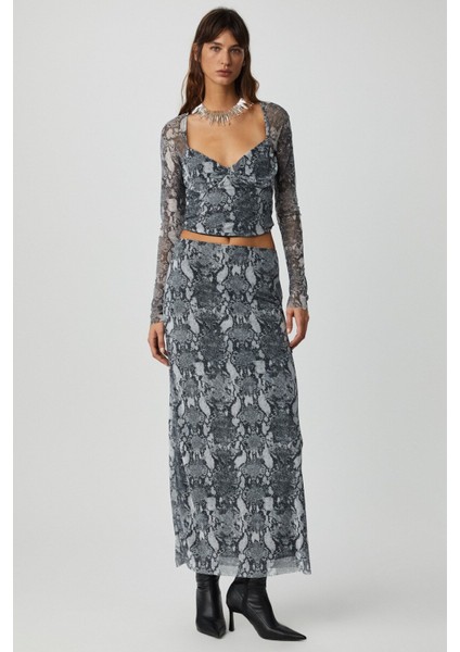 BEULAH Kadın Maxi Boy Slim Fit Beli Lastikli Tül Batik Desenli Yılan Desenli Etek fiyatları