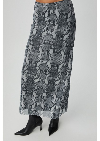BEULAH Kadın Maxi Boy Slim Fit Beli Lastikli Tül Batik Desenli Yılan Desenli Etek modelleri