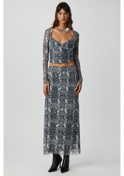 BEULAH Kadın Maxi Boy Slim Fit Beli Lastikli Tül Batik Desenli Yılan Desenli Etek indirimleri