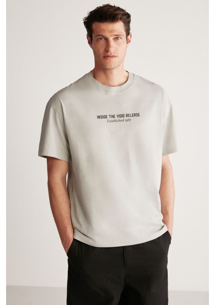 Bastıan Erkek Oversize Fit %100 Pamuk Kalın Dokulu Baskılı Gri T-shirt modelleri