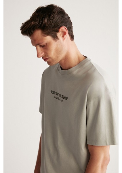 Bastıan Erkek Oversize Fit %100 Pamuk Kalın Dokulu Baskılı Gri T-shirt indirimleri