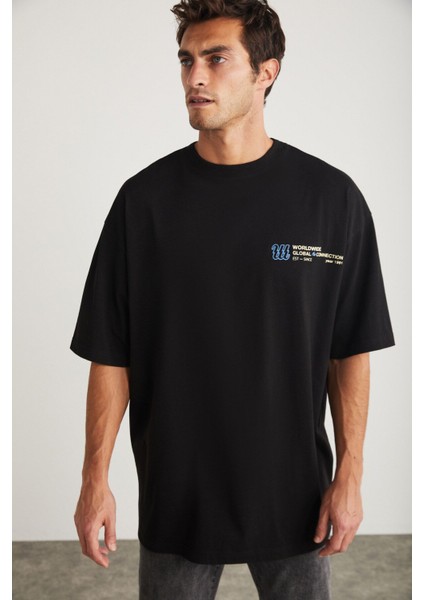 Batılda Erkek Bisiklet Yaka %100 Pamuk Çatlayan Baskı Detaylı Siyah T-shirt fiyatları