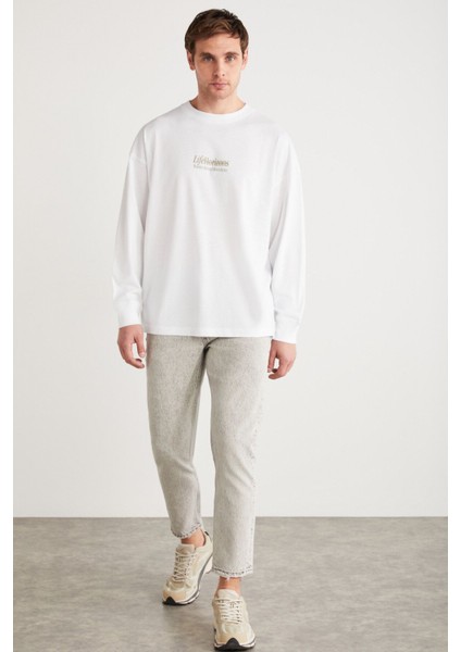 Benıto Erkek Sırt Baskı Detaylı Oversize %100 Organik Pamuk Örme Uzun Kol Beyaz T-shirt modelleri