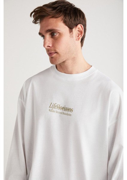 Benıto Erkek Sırt Baskı Detaylı Oversize %100 Organik Pamuk Örme Uzun Kol Beyaz T-shirt indirimleri