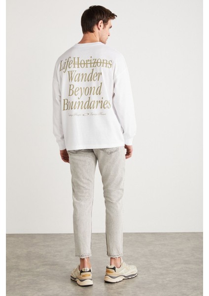Benıto Erkek Sırt Baskı Detaylı Oversize %100 Organik Pamuk Örme Uzun Kol Beyaz T-shirt