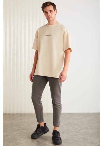 Barack Erkek Sırt Baskı Detaylı Oversize Fit Bol Kesim %100 Organik Pamuk Örme Kısa Kol Bej T-shirt