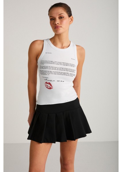 Calluna Kadın Fitted Kalıp Yazı Baskı Detaylı Kolsuz Örme Beyaz T-shirt indirimleri