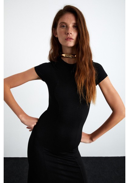 Brılyn Kadın Viskon Yuvarlak Yaka Slim Fit Siyah Elbise fırsatları