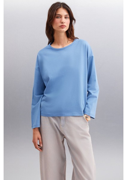 Basıl Kadın Sırt Baskı Detaylı Oversize %100 Organik Pamuk Örme Uzun Kol Indigo T-shirt