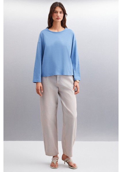 Basıl Kadın Sırt Baskı Detaylı Oversize %100 Organik Pamuk Örme Uzun Kol Indigo T-shirt