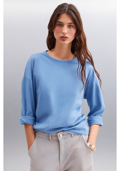 Basıl Kadın Sırt Baskı Detaylı Oversize %100 Organik Pamuk Örme Uzun Kol Indigo T-shirt