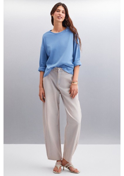 Basıl Kadın Sırt Baskı Detaylı Oversize %100 Organik Pamuk Örme Uzun Kol Indigo T-shirt