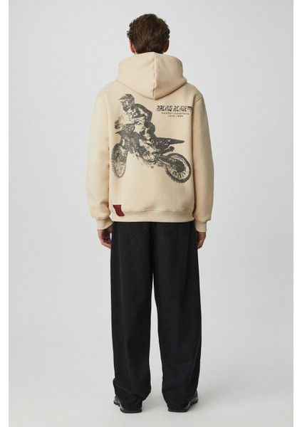 Edgar Erkek Yumuşacık Kapüşonlu Oversize Bej Sweatshirt