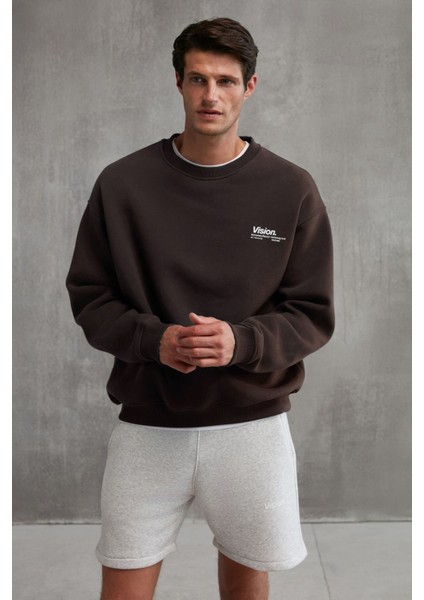 Ernest Erkek Organik Pamuklu Yumuşacık Baskı Detaylı Bisiklet Yaka Içi Polarlı Kahverengi Sweatshirt