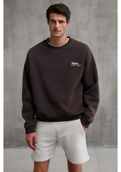 Ernest Erkek Organik Pamuklu Yumuşacık Baskı Detaylı Bisiklet Yaka Içi Polarlı Kahverengi Sweatshirt