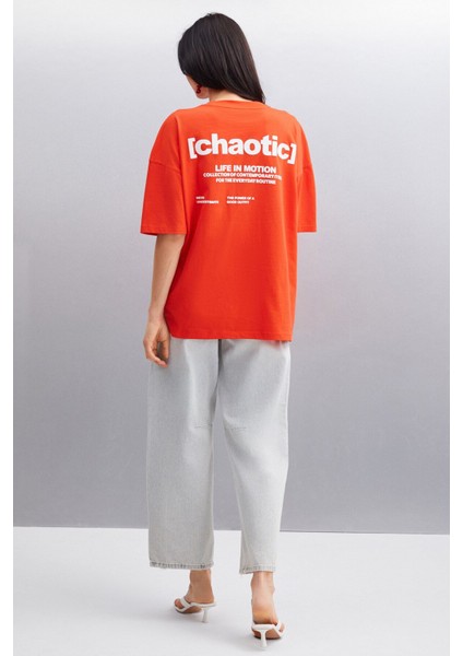 ARCADIA Kadın Arka ve Önü Yazi Detaylı %100 Organik Pamuklu Kırmızı T-Shirt