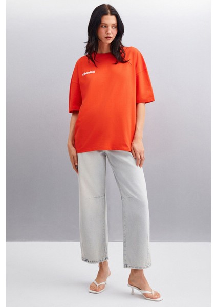 ARCADIA Kadın Arka ve Önü Yazi Detaylı %100 Organik Pamuklu Kırmızı T-Shirt