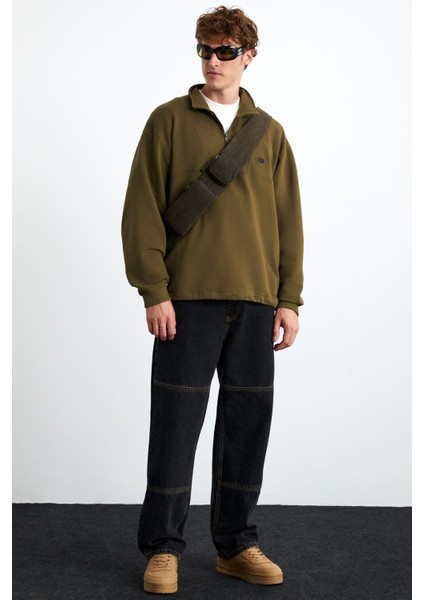 Radıant Erkek %100 Organik Pamuk Nakış Detaylı Yarım Fermuarlı Dik Yakalı Haki Sweatshirt fırsatları