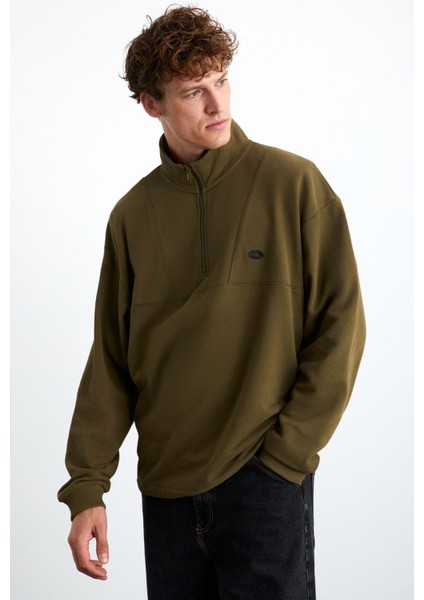 Radıant Erkek %100 Organik Pamuk Nakış Detaylı Yarım Fermuarlı Dik Yakalı Haki Sweatshirt indirimleri