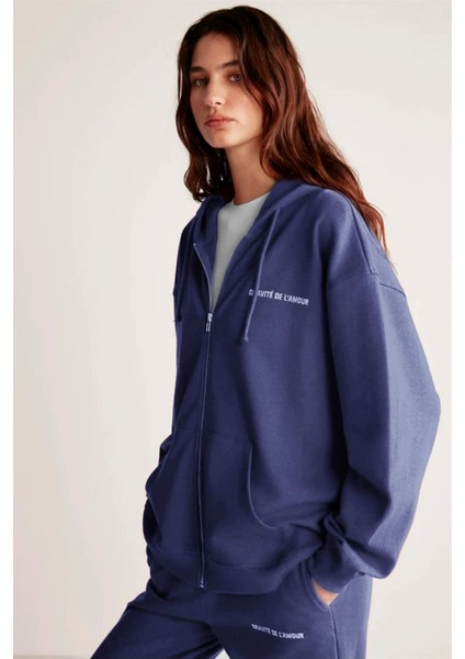 Ametıs Kadın Içi Polarlı Nakış Yazı Detaylı Organik Pamuk Oversize Kapüşonlu Lacivert Sweatshirt