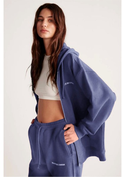 Ametıs Kadın Içi Polarlı Nakış Yazı Detaylı Organik Pamuk Oversize Kapüşonlu Lacivert Sweatshirt