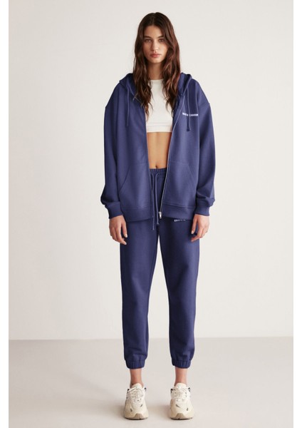 Ametıs Kadın Içi Polarlı Nakış Yazı Detaylı Organik Pamuk Oversize Kapüşonlu Lacivert Sweatshirt