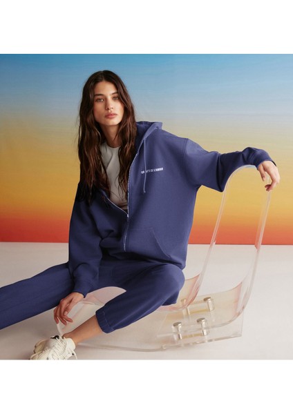 Ametıs Kadın Içi Polarlı Nakış Yazı Detaylı Organik Pamuk Oversize Kapüşonlu Lacivert Sweatshirt