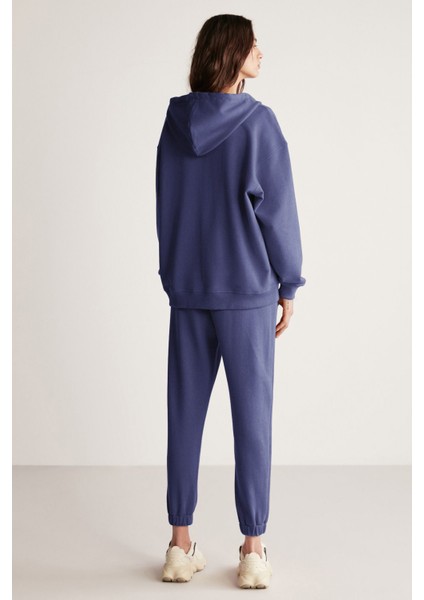 Ametıs Kadın Içi Polarlı Nakış Yazı Detaylı Organik Pamuk Oversize Kapüşonlu Lacivert Sweatshirt