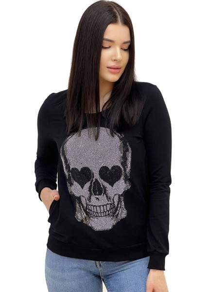 Kurukafa Crystal Taşlı Üç Iplik Pamuk Siyah Rahat Büyük Beden Kadın Sweatshirt