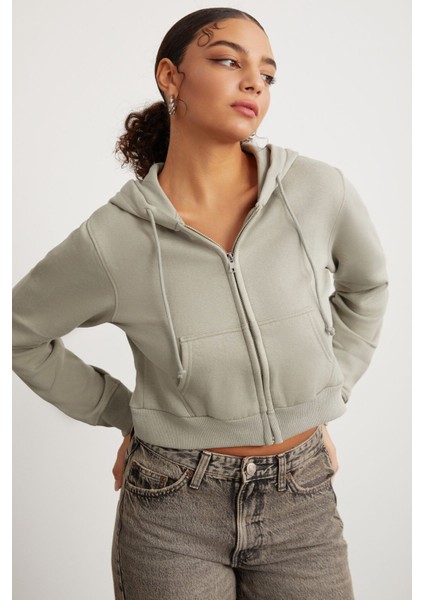 Delıa Kadın Crop 3 Iplik Şardonlu Örme Relaxed Fit Fermuarlı Kapüşonlu Çağla Yeşili Sweatshirt
