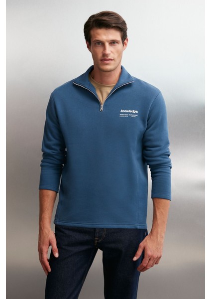 Halden Erkek Içi Polarlı Dik Yaka Yarım Fermuarlı Baskı Detaylı Regular Mavi Sweatshirt