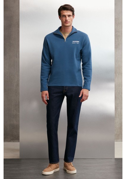 Halden Erkek Içi Polarlı Dik Yaka Yarım Fermuarlı Baskı Detaylı Regular Mavi Sweatshirt fiyatları