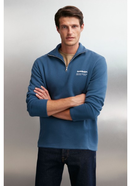 Halden Erkek Içi Polarlı Dik Yaka Yarım Fermuarlı Baskı Detaylı Regular Mavi Sweatshirt fırsatları
