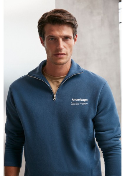 Halden Erkek Içi Polarlı Dik Yaka Yarım Fermuarlı Baskı Detaylı Regular Mavi Sweatshirt indirimleri