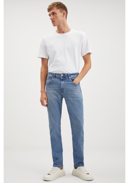 Davın Erkek Denim Kalın Dokulu Slim Fit Kalıplı Açık Mavi Jeans