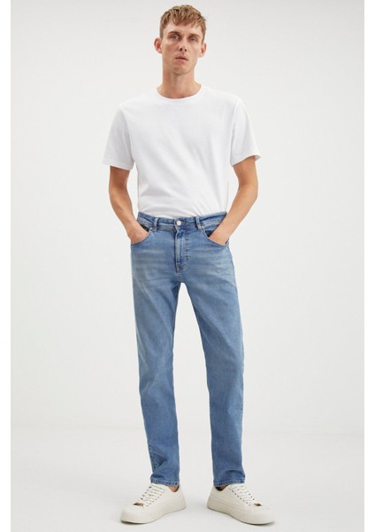 Davın Erkek Denim Kalın Dokulu Slim Fit Kalıplı Açık Mavi Jeans
